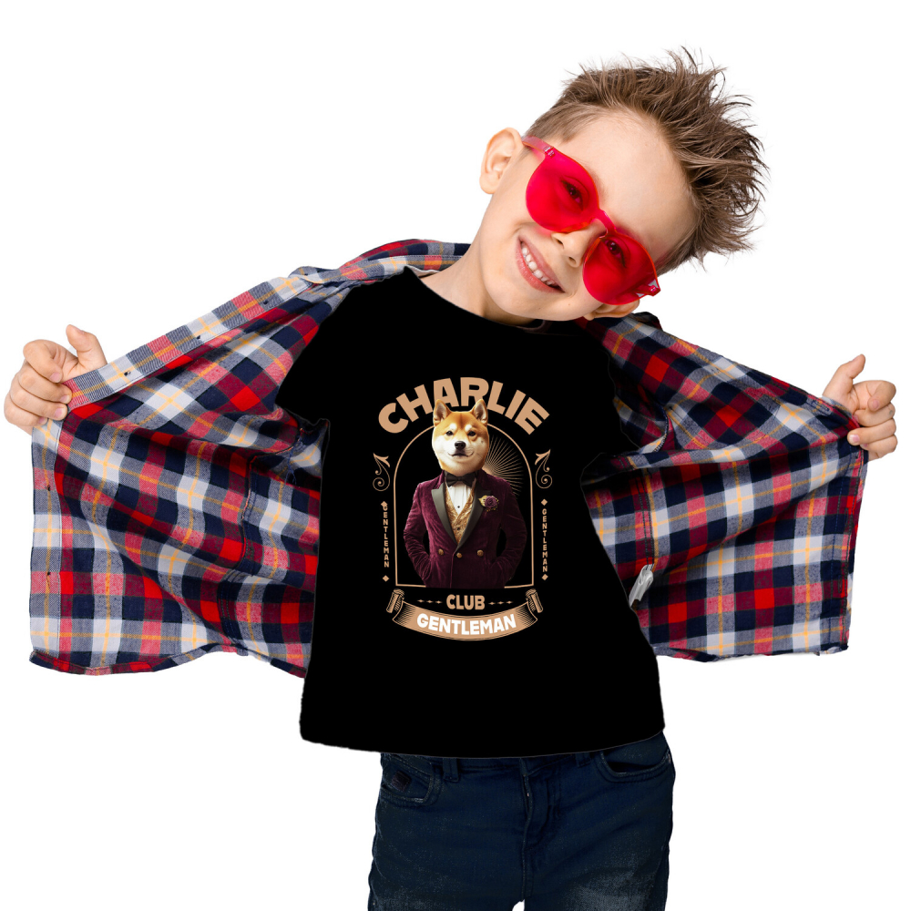 Tricou Copii cu Animal Gentleman in Costum, Camasa, Papion si Floare Trandfir, Peronalizata cu Numele si Poza Animalului Tau cu imprimeu pe Fata, 100% Bumbac, Negru, 8 Ani [2]