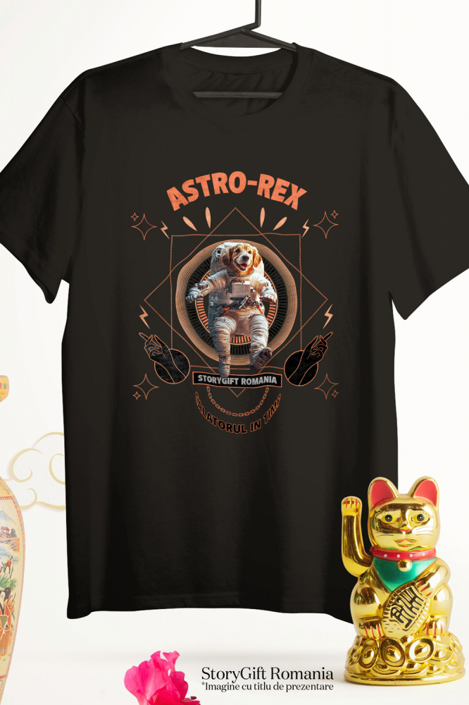 Tricou Copii cu Animal In Costum de Astronaut , Peronalizata cu Numele si Poza Animalului Tau cu imprimeu pe Fata, 100% Bumbac, Negru, 12 Ani [3]