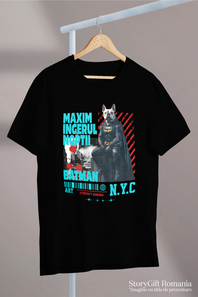 Tricou Copii cu Animal In Costum de Batman pe Strazile din New York City, Peronalizata cu Numele si Poza Animalului Tau cu imprimeu pe Fata, 100% Bumbac, Negru, 10 Ani [3]