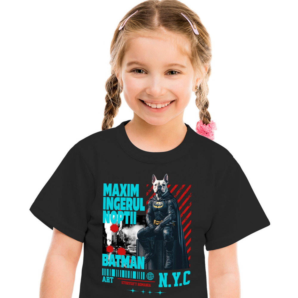 Tricou Copii cu Animal In Costum de Batman pe Strazile din New York City, Peronalizata cu Numele si Poza Animalului Tau cu imprimeu pe Fata, 100% Bumbac, Negru, 10 Ani [2]