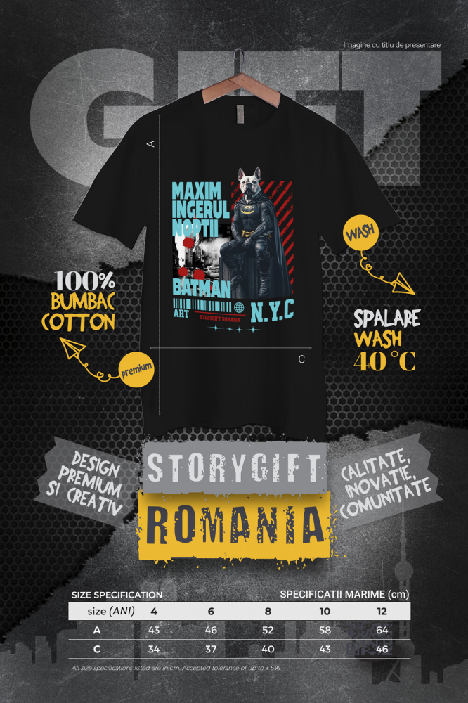 Tricou Copii cu Animal In Costum de Batman pe Strazile din New York City, Peronalizata cu Numele si Poza Animalului Tau cu imprimeu pe Fata, 100% Bumbac, Negru, 10 Ani [4]