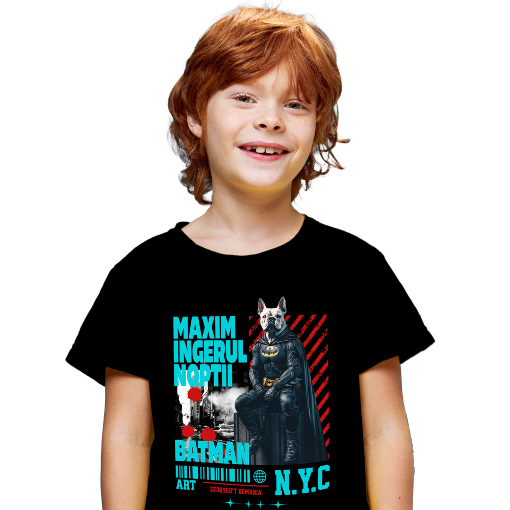 Tricou Copii cu Animal In Costum de Batman pe Strazile din New York City, Peronalizata cu Numele si Poza Animalului Tau cu imprimeu pe Fata, 100% Bumbac, Negru, 10 Ani [1]
