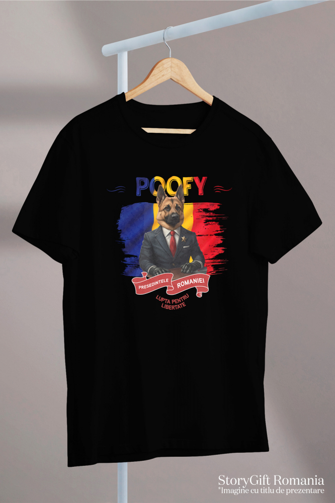 Tricou Copii cu Animal In Costum de Presedinte, Steagul Romaniei, Peronalizata cu Numele si Poza Animalului Tau cu imprimeu pe Fata, 100% Bumbac, Negru, 10 Ani [3]