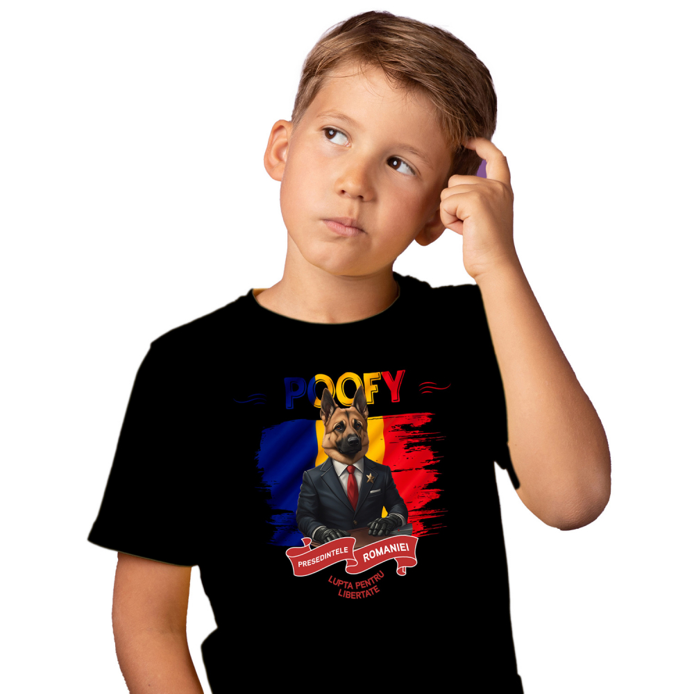 Tricou Copii cu Animal In Costum de Presedinte, Steagul Romaniei, Peronalizata cu Numele si Poza Animalului Tau cu imprimeu pe Fata, 100% Bumbac, Negru, 10 Ani [1]