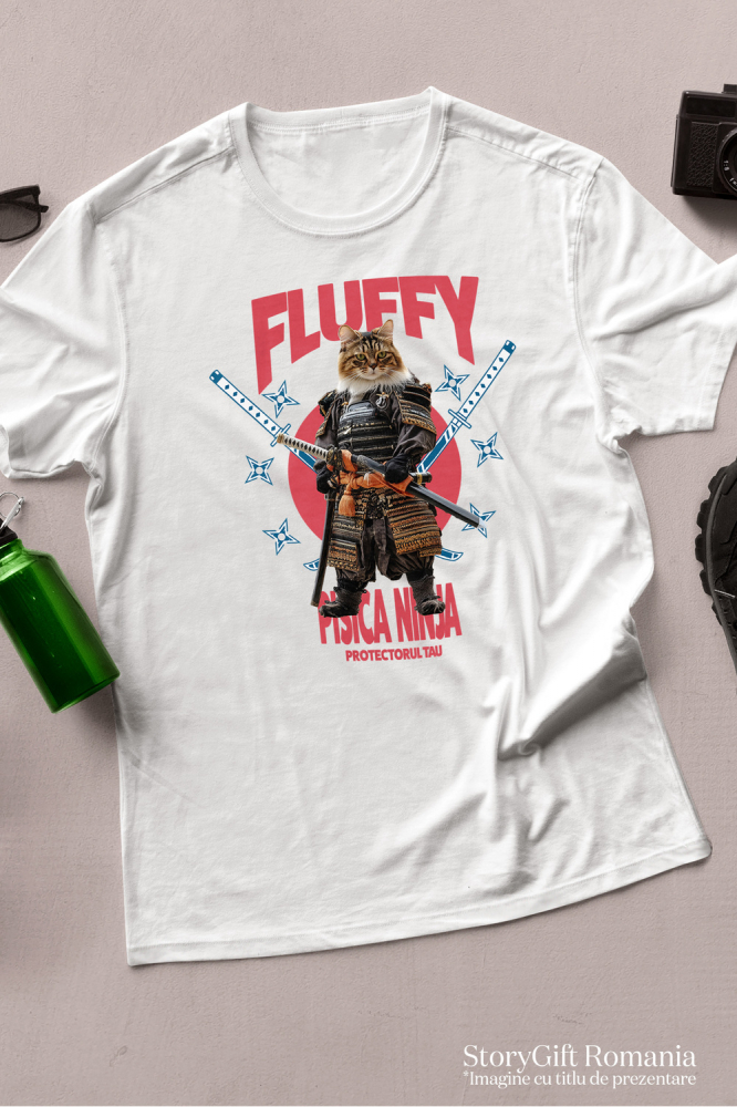 Tricou Copii cu Animal In Costum de Samurai cu Sabie, Peronalizata cu Numele si Poza Animalului Tau cu imprimeu pe Fata, 100% Bumbac, Alb, 8 Ani [3]