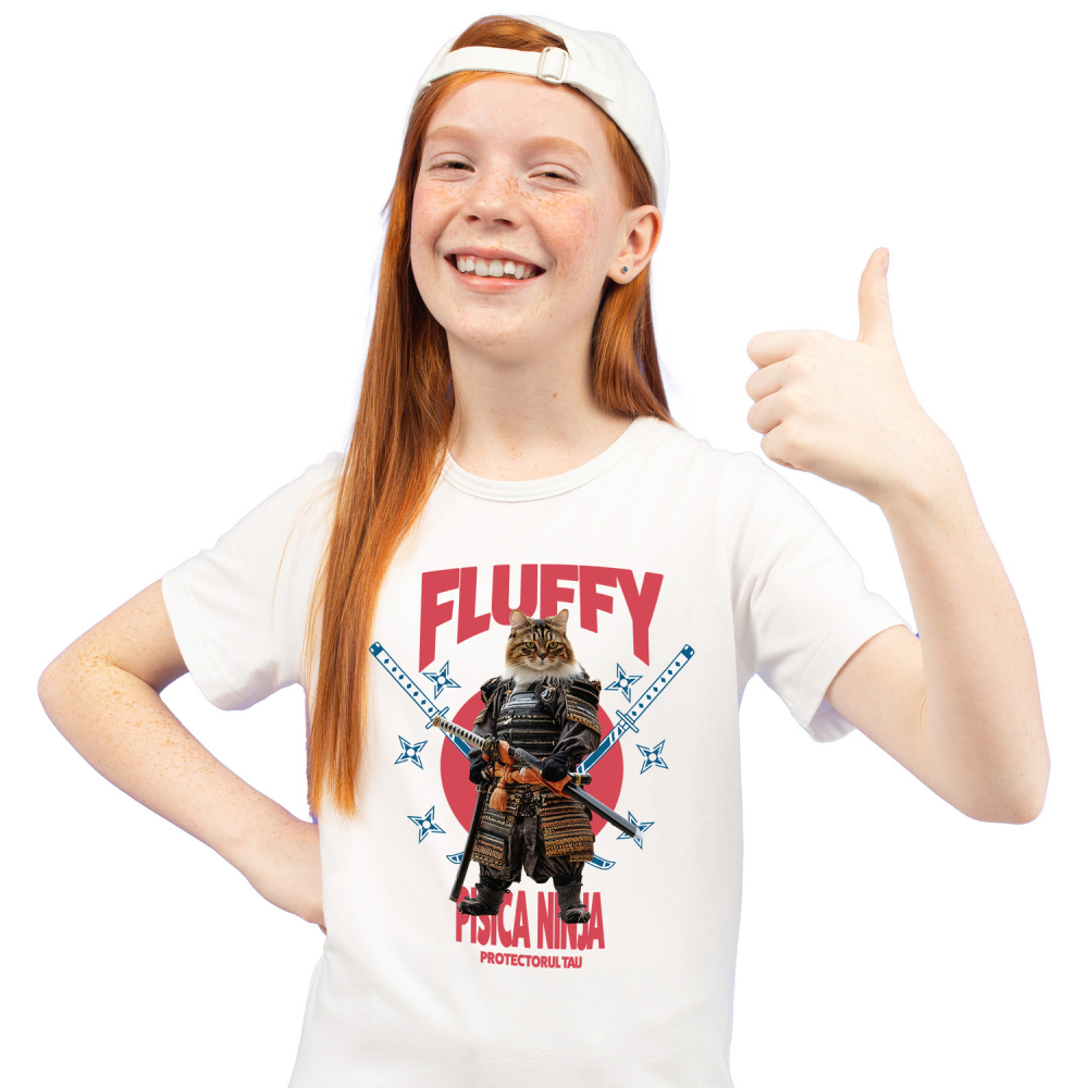 Tricou Copii cu Animal In Costum de Samurai cu Sabie, Peronalizata cu Numele si Poza Animalului Tau cu imprimeu pe Fata, 100% Bumbac, Alb, 8 Ani [2]