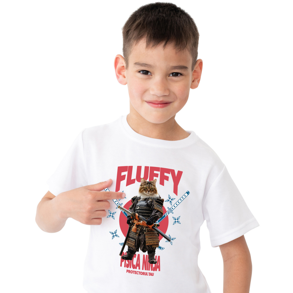 Tricou Copii cu Animal In Costum de Samurai cu Sabie, Peronalizata cu Numele si Poza Animalului Tau cu imprimeu pe Fata, 100% Bumbac, Alb, 8 Ani [1]