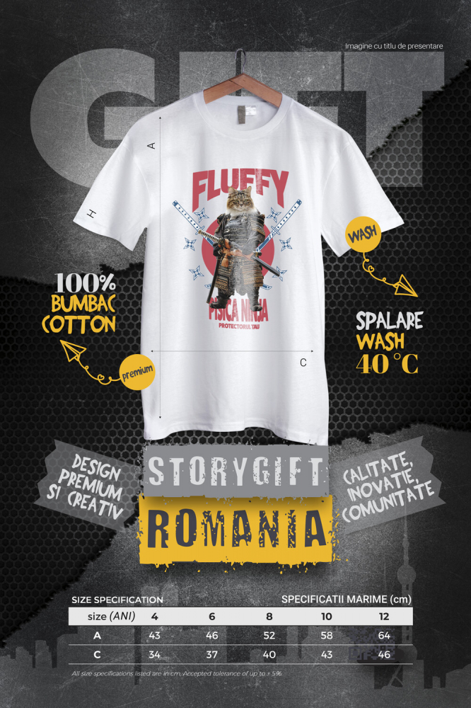 Tricou Copii cu Animal In Costum de Samurai cu Sabie, Peronalizata cu Numele si Poza Animalului Tau cu imprimeu pe Fata, 100% Bumbac, Alb, 8 Ani [4]