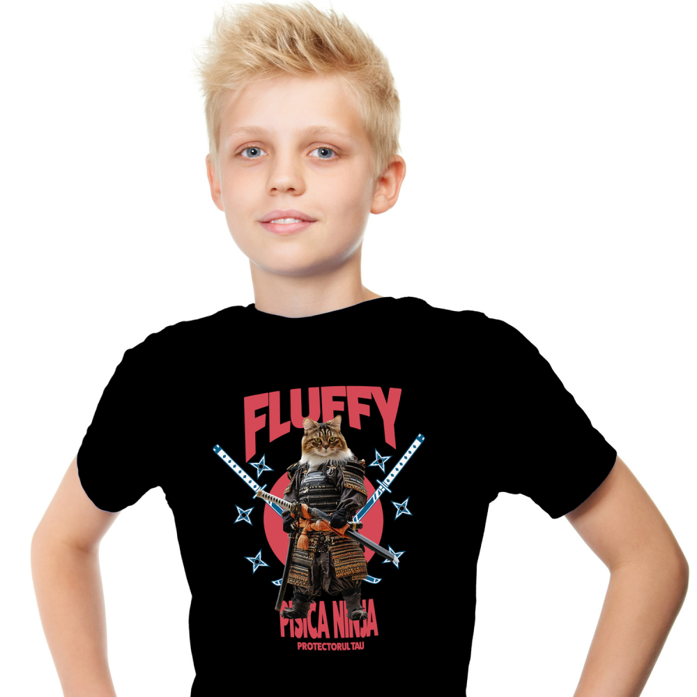 Tricou Copii cu Animal In Costum de Samurai cu Sabie, Peronalizata cu Numele si Poza Animalului Tau cu imprimeu pe Fata, 100% Bumbac, Negru, 6 Ani [1]