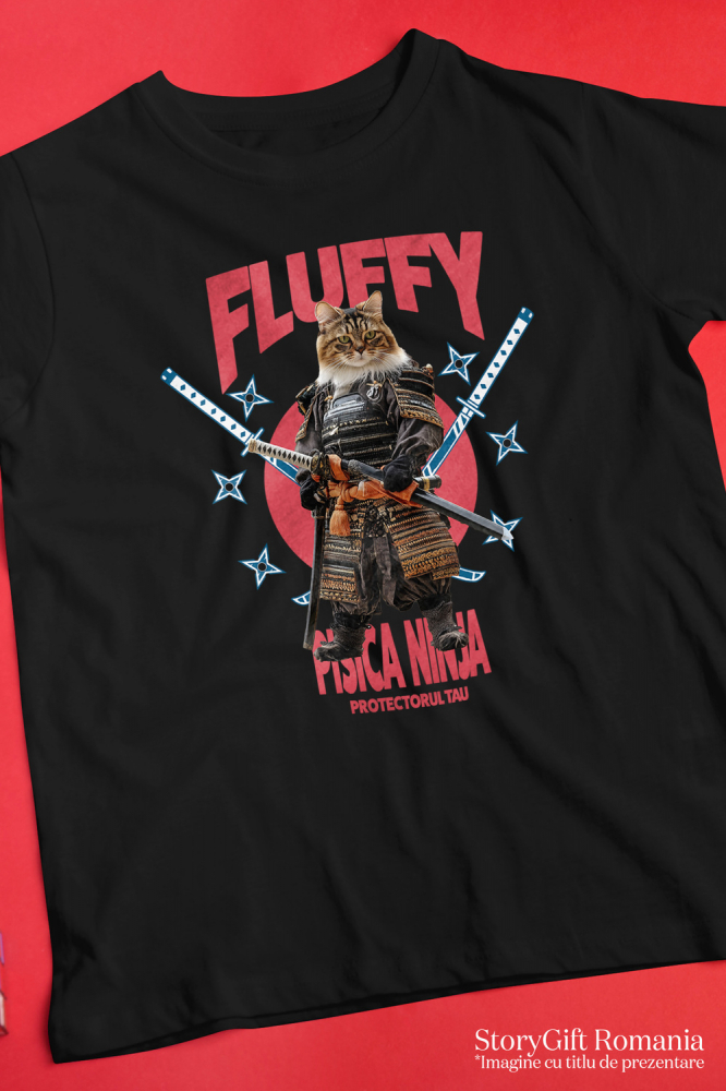 Tricou Copii cu Animal In Costum de Samurai cu Sabie, Peronalizata cu Numele si Poza Animalului Tau cu imprimeu pe Fata, 100% Bumbac, Negru, 6 Ani [3]