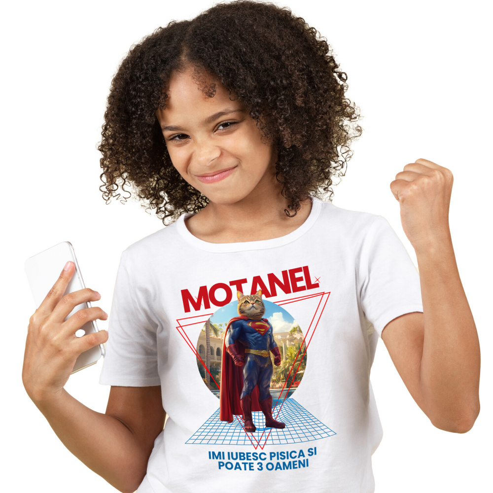 Tricou Copii cu Animal in Costum de Super Erou, Superman, Peronalizata cu Numele si Poza Animalului Tau cu imprimeu pe Fata, 100% Bumbac, Alb, 4 Ani [2]