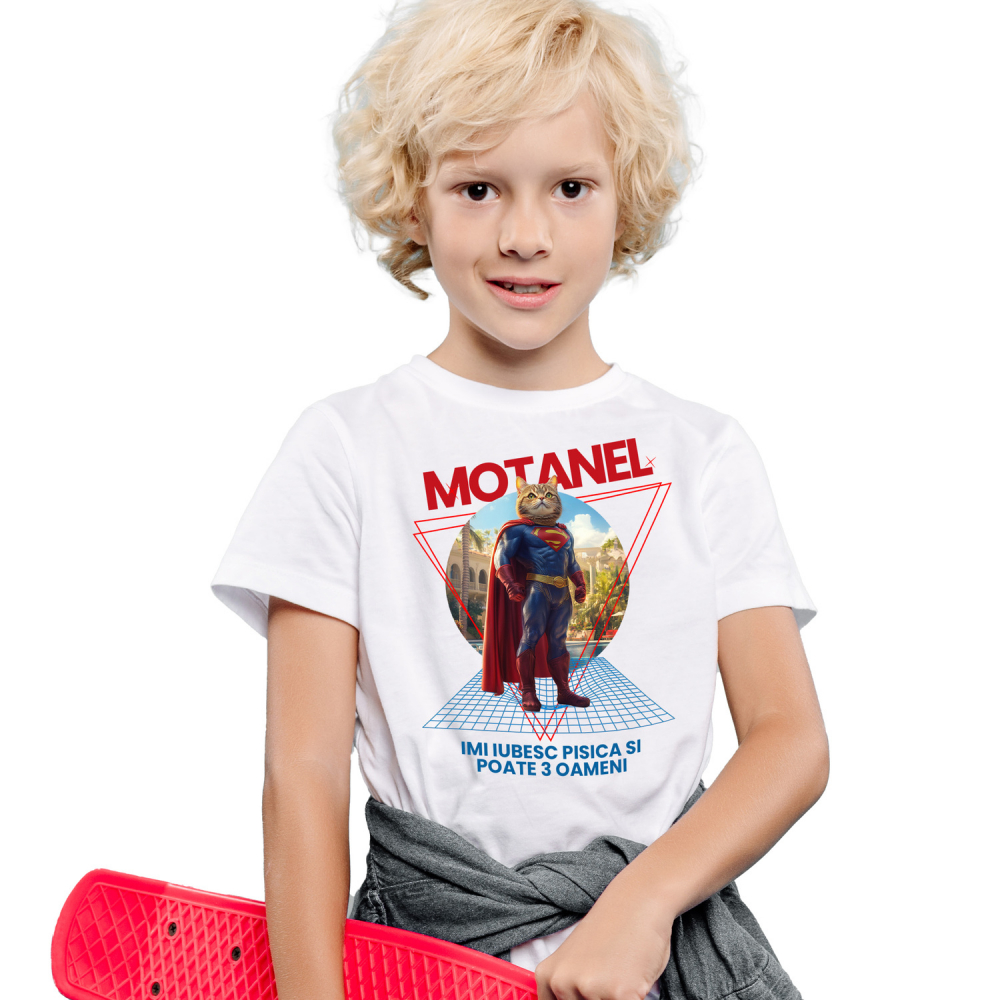 Tricou Copii cu Animal in Costum de Super Erou, Superman, Peronalizata cu Numele si Poza Animalului Tau cu imprimeu pe Fata, 100% Bumbac, Alb, 4 Ani [1]