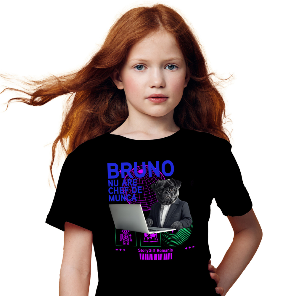 Tricou Copii cu Animal In Costum Lucrand pe Laptop, Peronalizata cu Numele si Poza Animalului Tau cu imprimeu pe Fata, 100% Bumbac, Negru, 12 Ani [1]