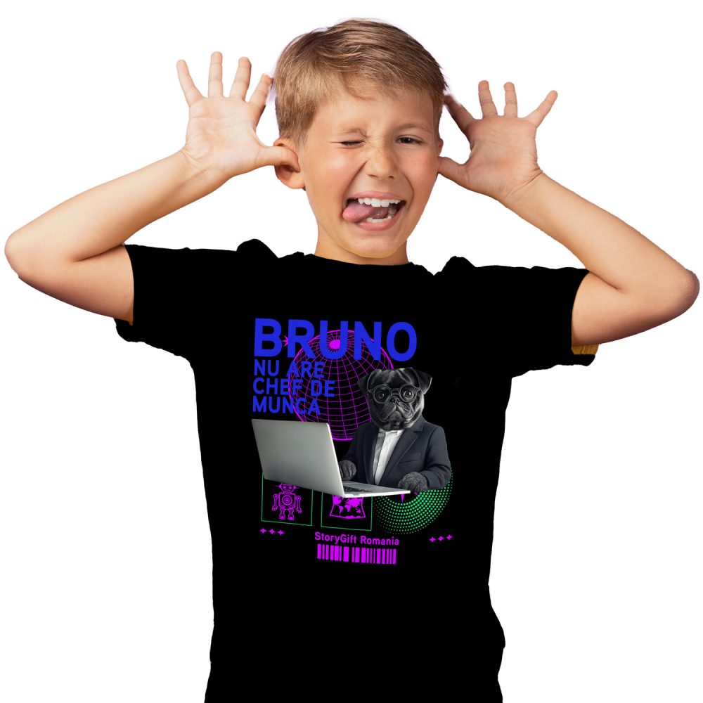 Tricou Copii cu Animal In Costum Lucrand pe Laptop, Peronalizata cu Numele si Poza Animalului Tau cu imprimeu pe Fata, 100% Bumbac, Negru, 12 Ani [2]