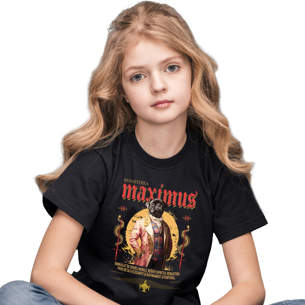 Tricou Copii cu Animal In Costum Medieval, Portret, Peronalizata cu Numele si Poza Animalului Tau cu imprimeu pe Fata, 100% Bumbac, Negru, 12 Ani [2]