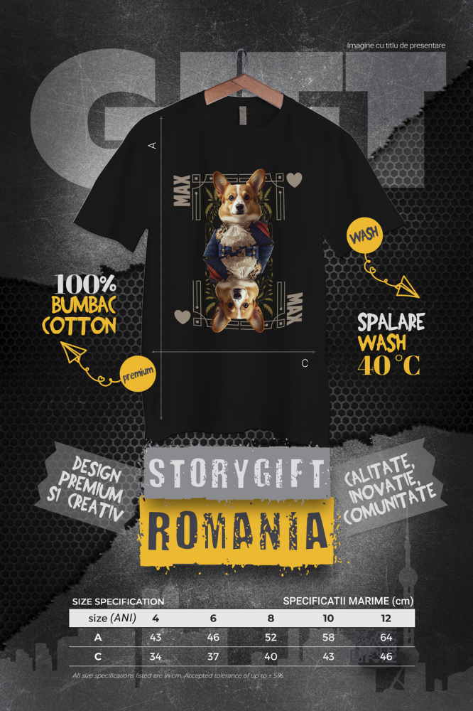 Tricou Copii cu Animal In Costum Regal, Carte de Joc, Inima, Peronalizata cu Numele si Poza Animalului Tau cu imprimeu pe Fata, 100% Bumbac, Negru, 8 Ani [4]