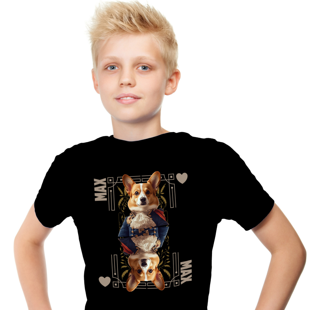 Tricou Copii cu Animal In Costum Regal, Carte de Joc, Inima, Peronalizata cu Numele si Poza Animalului Tau cu imprimeu pe Fata, 100% Bumbac, Negru, 8 Ani [2]