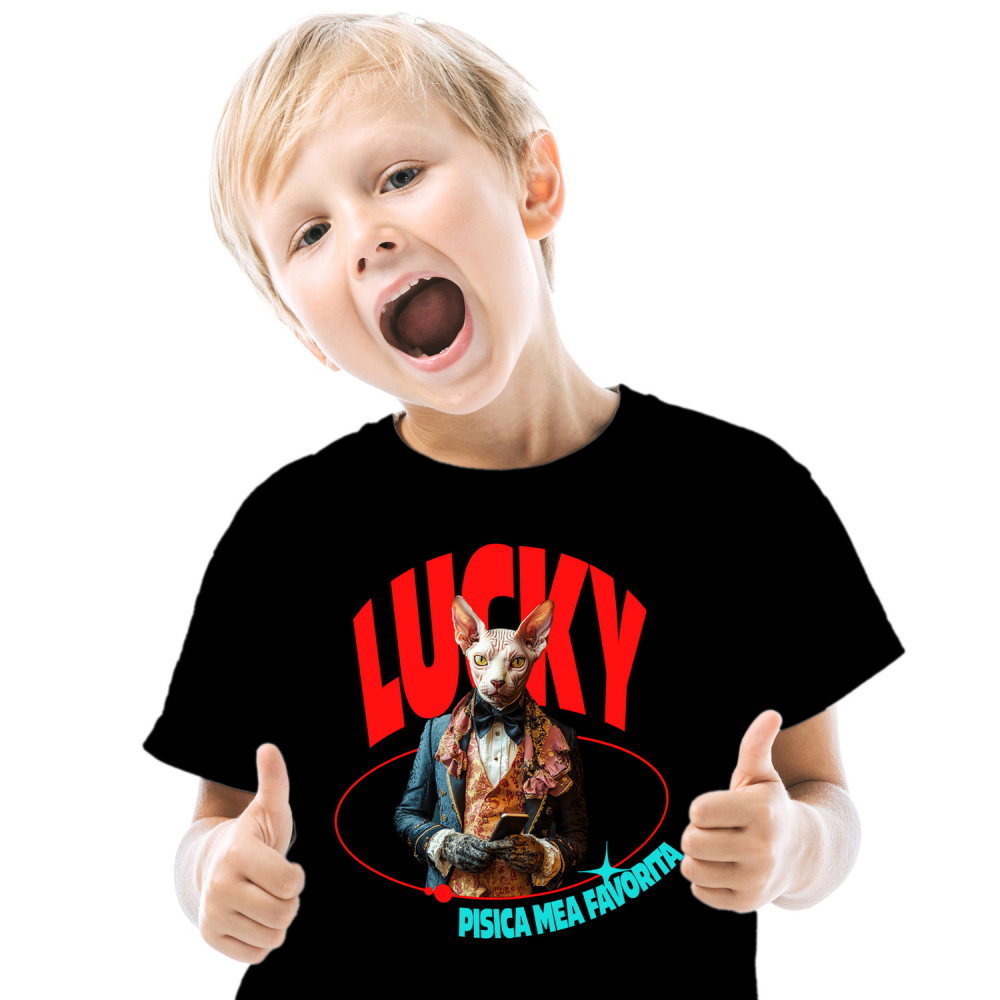 Tricou Copii cu Animal in Costum Regal, cu Manusi si Telefonul in Mana, Peronalizata cu Numele si Poza Animalului Tau cu imprimeu pe Fata, 100% Bumbac, Negru, 10 Ani [2]