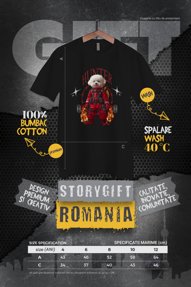 Tricou Copii cu Animal In Costum Rosu Similar cu Deadpool, Flacari, Peronalizata cu Numele si Poza Animalului Tau cu imprimeu pe Fata, 100% Bumbac, Negru, 10 Ani [4]