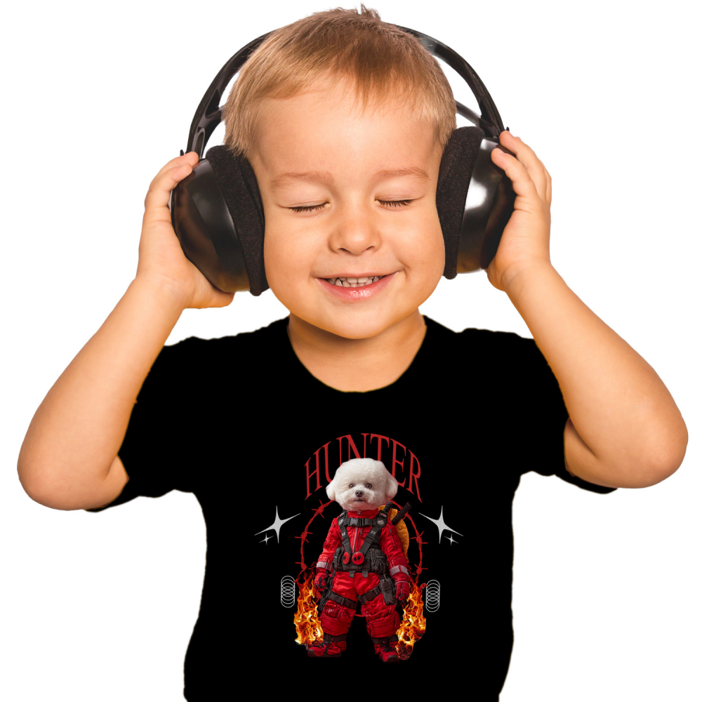 Tricou Copii cu Animal In Costum Rosu Similar cu Deadpool, Flacari, Peronalizata cu Numele si Poza Animalului Tau cu imprimeu pe Fata, 100% Bumbac, Negru, 10 Ani [2]