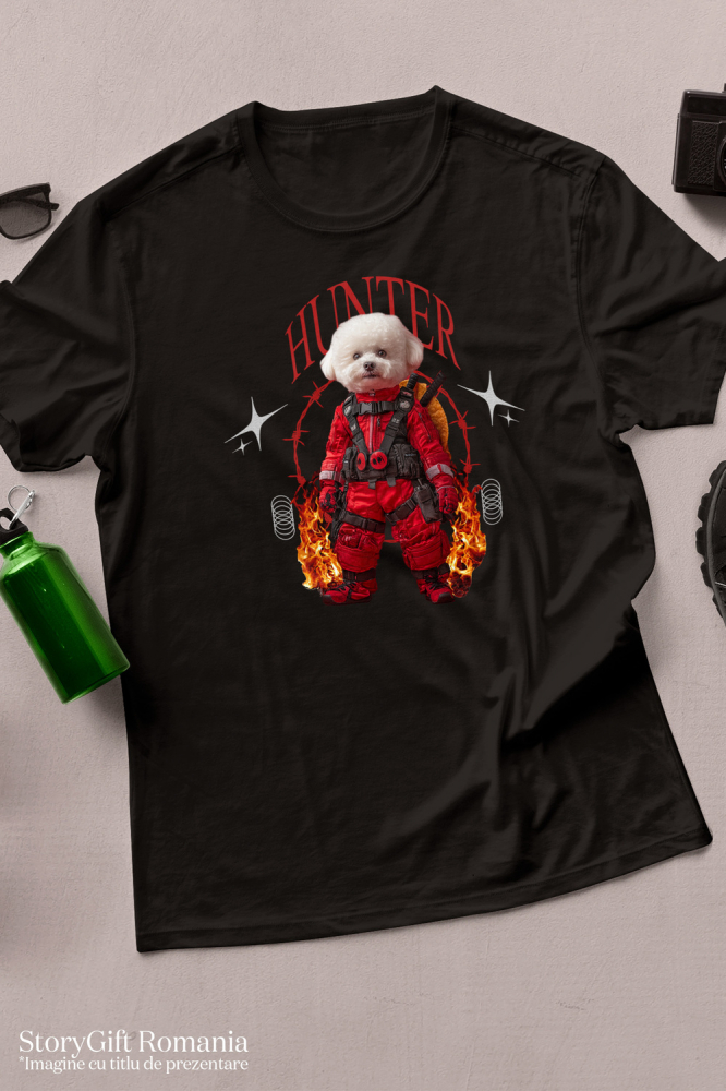 Tricou Copii cu Animal In Costum Rosu Similar cu Deadpool, Flacari, Peronalizata cu Numele si Poza Animalului Tau cu imprimeu pe Fata, 100% Bumbac, Negru, 10 Ani [3]