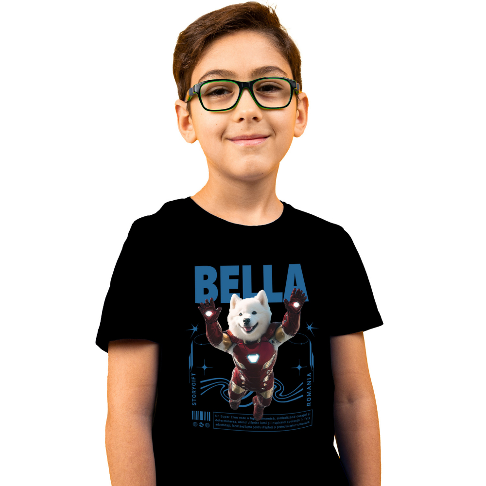 Tricou Copii cu Animal In Costumul lui Ironman, Zburand, Peronalizata cu Numele si Poza Animalului Tau cu imprimeu pe Fata, 100% Bumbac, Negru, 4 Ani [1]