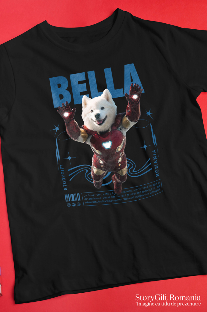 Tricou Copii cu Animal In Costumul lui Ironman, Zburand, Peronalizata cu Numele si Poza Animalului Tau cu imprimeu pe Fata, 100% Bumbac, Negru, 4 Ani [3]