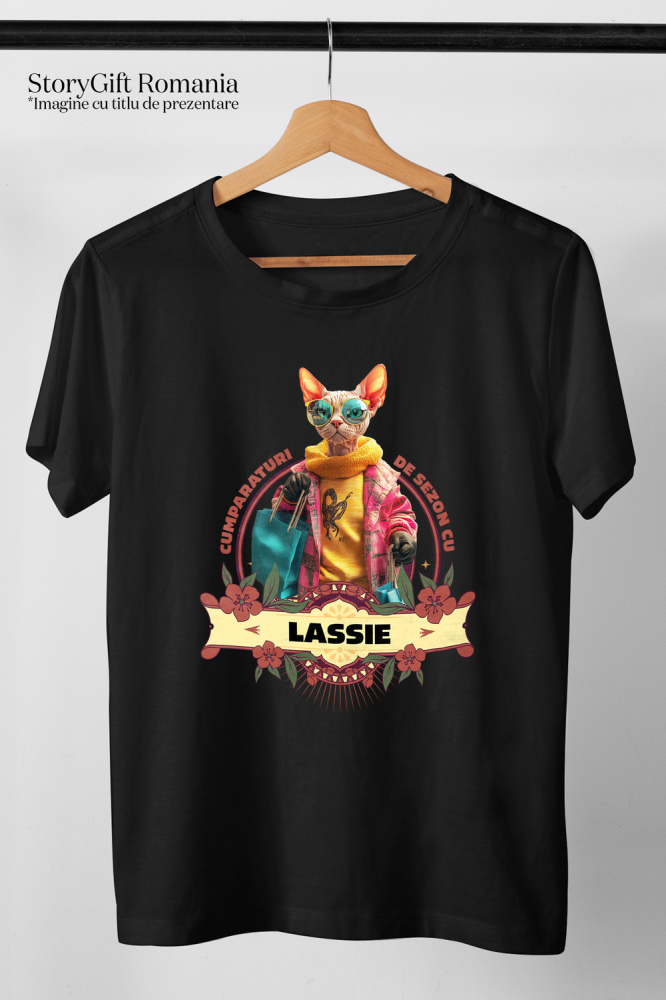 Tricou Copii cu Animal La Cumparaturi, Moda, Fashion, Peronalizata cu Numele si Poza Animalului Tau cu imprimeu pe Fata, 100% Bumbac, Negru, 6 Ani [3]