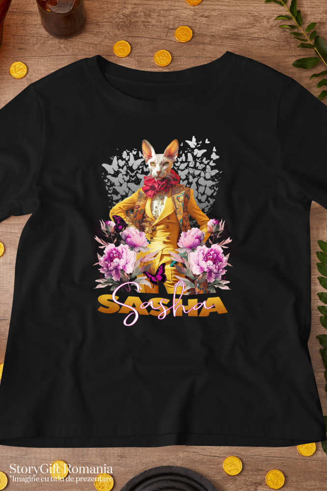 Tricou Copii cu Animal La Moda in Costum Galben, Inconjurat de Flori, Peronalizata cu Numele si Poza Animalului Tau cu imprimeu pe Fata, 100% Bumbac, Negru, 4 Ani [3]