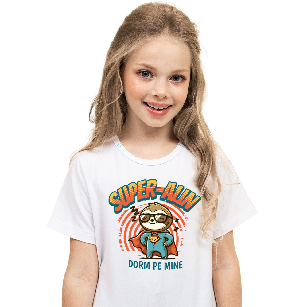 Tricou Femei, Barbati, Copii, Fata, Baiat, Unisex Personalizat Animal Lenes Cu Costum De Super Erou – Cadou Personalizat „Super-Alin Dorm Pe Mine” [2]