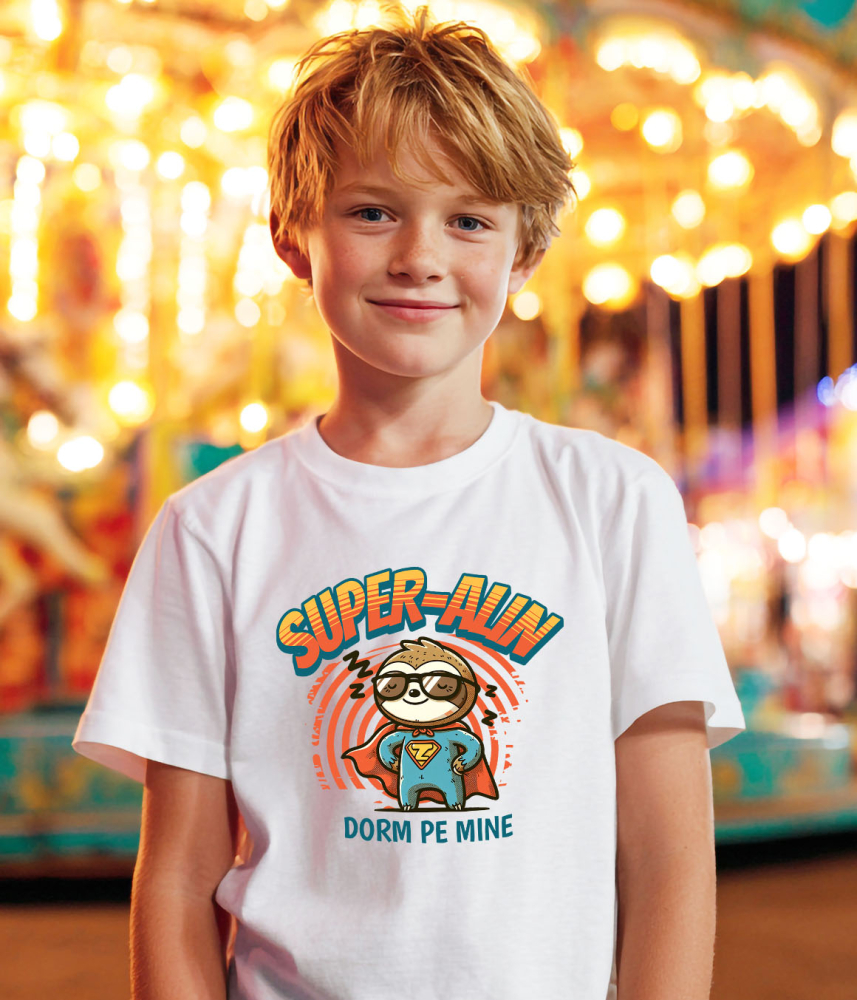 Tricou Femei, Barbati, Copii, Fata, Baiat, Unisex Personalizat Animal Lenes Cu Costum De Super Erou – Cadou Personalizat „Super-Alin Dorm Pe Mine” [3]