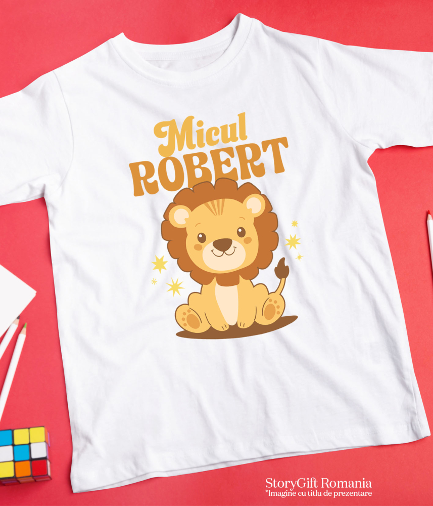Tricou Femei, Barbati, Copii, Fata, Baiat, Unisex Personalizat Leu Vesel Animat pentru Copii – „Micul Robert” – Cadou Personalizat pentru Băieți și Copii [5]