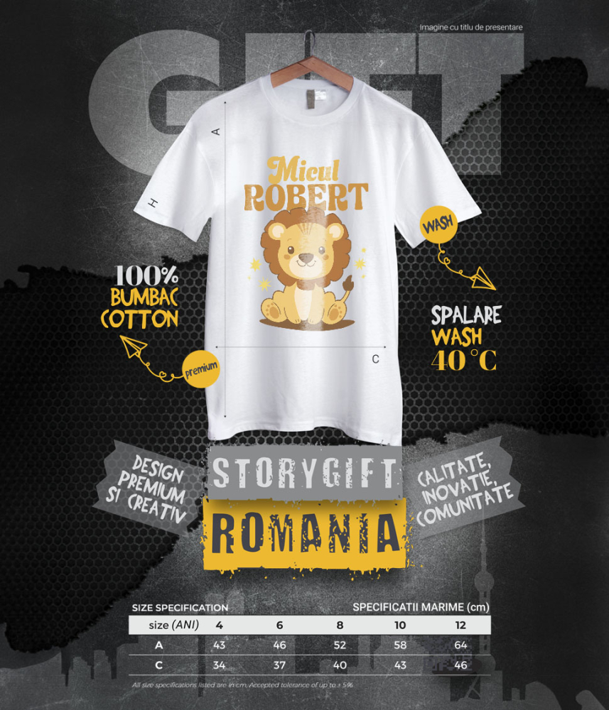 Tricou Femei, Barbati, Copii, Fata, Baiat, Unisex Personalizat Leu Vesel Animat pentru Copii – „Micul Robert” – Cadou Personalizat pentru Băieți și Copii [6]