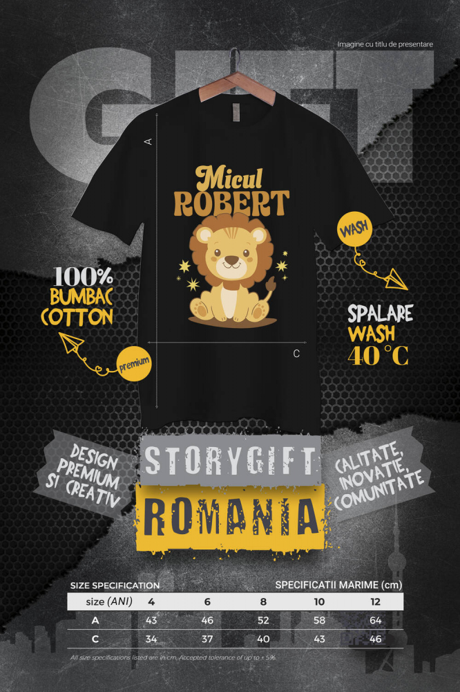 Tricou Femei, Barbati, Copii, Fata, Baiat, Unisex Personalizat Leu Vesel Animat pentru Copii – „Micul Robert” – Cadou Personalizat pentru Băieți și Copii [4]