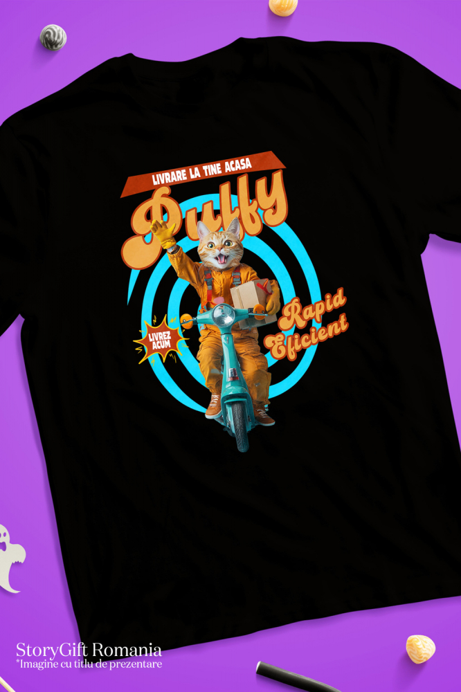 Tricou Copii cu Animal Livrator de Colete pe Scooter, Peronalizata cu Numele si Poza Animalului Tau cu imprimeu pe Fata, 100% Bumbac, Negru, 4 Ani [3]