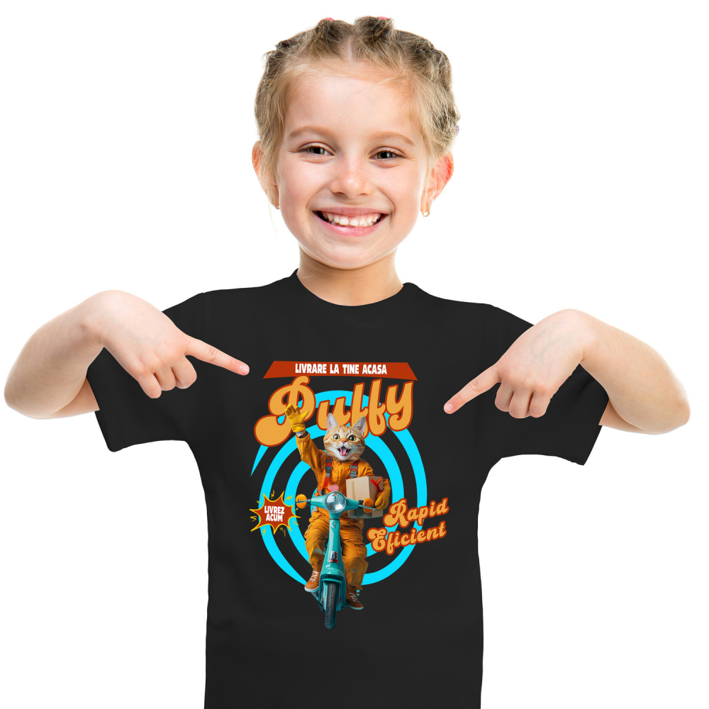 Tricou Copii cu Animal Livrator de Colete pe Scooter, Peronalizata cu Numele si Poza Animalului Tau cu imprimeu pe Fata, 100% Bumbac, Negru, 4 Ani [1]