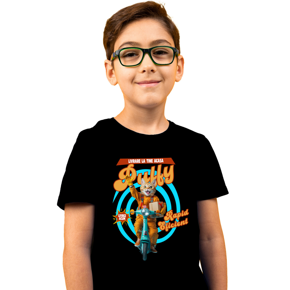 Tricou Copii cu Animal Livrator de Colete pe Scooter, Peronalizata cu Numele si Poza Animalului Tau cu imprimeu pe Fata, 100% Bumbac, Negru, 4 Ani [2]