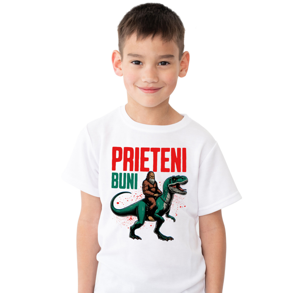 Tricou Femei, Barbati, Copii, Fata, Baiat, Unisex Personalizat Bigfoot Călărind T-Rex - Prieteni Buni - Costum și Cadou Aventură pentru Copii [1]