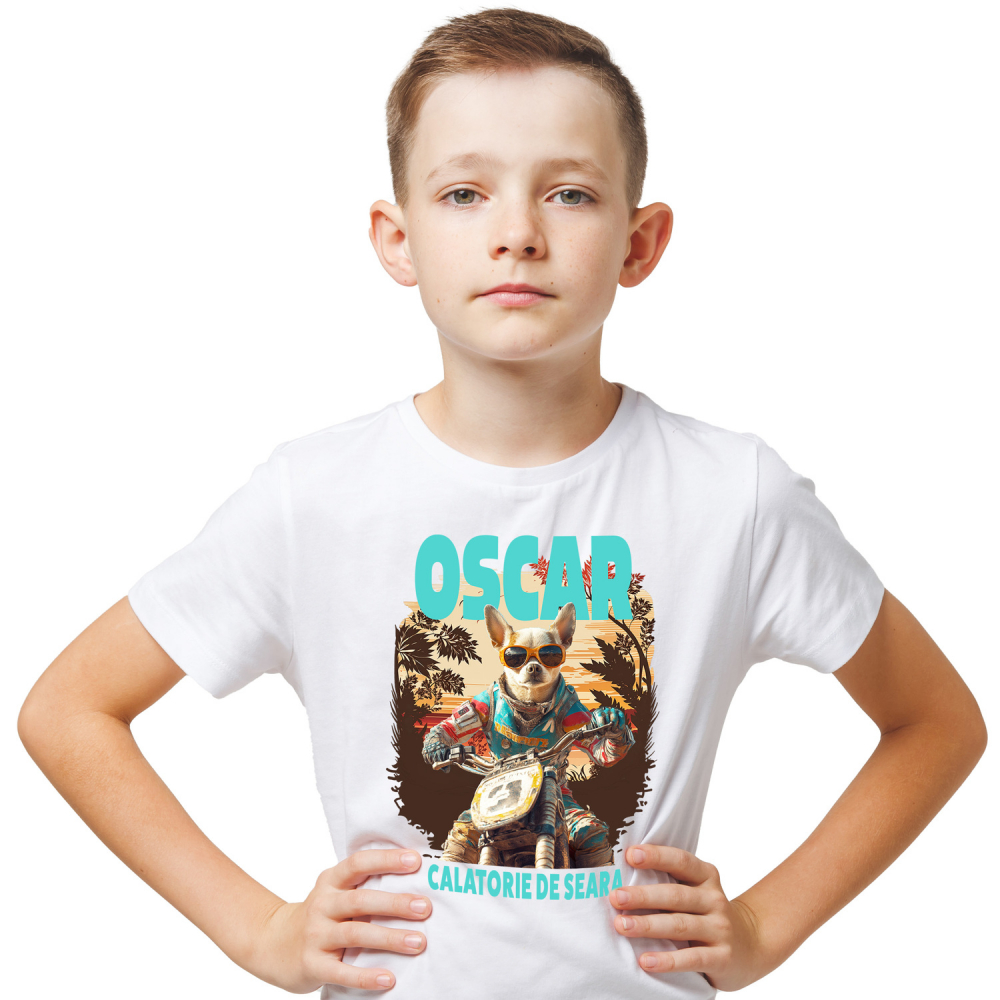 Tricou Copii cu Animal Pe Motocicleta, Enduro, Motocross, Peronalizata cu Numele si Poza Animalului Tau cu imprimeu pe Fata, 100% Bumbac, Alb, 4 Ani [1]