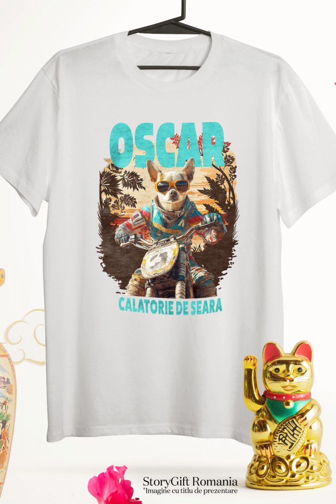 Tricou Copii cu Animal Pe Motocicleta, Enduro, Motocross, Peronalizata cu Numele si Poza Animalului Tau cu imprimeu pe Fata, 100% Bumbac, Alb, 4 Ani [3]