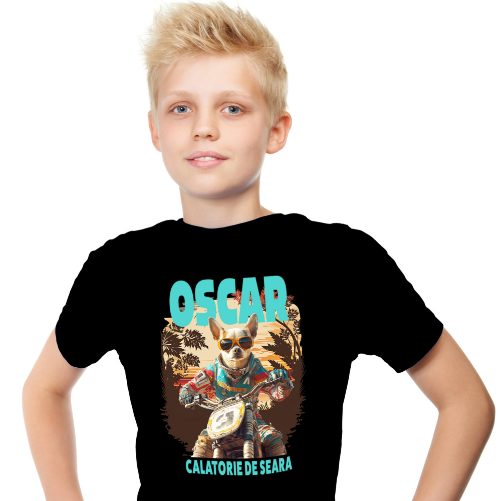 Tricou Copii cu Animal Pe Motocicleta, Enduro, Motocross, Peronalizata cu Numele si Poza Animalului Tau cu imprimeu pe Fata, 100% Bumbac, Negru, 12 Ani [1]