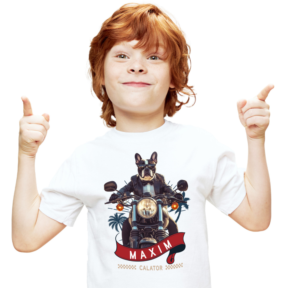 Tricou Copii cu Animal Pe Motocicleta in Costum, Peronalizata cu Numele si Poza Animalului Tau cu imprimeu pe Fata, 100% Bumbac, Alb, 8 Ani [1]
