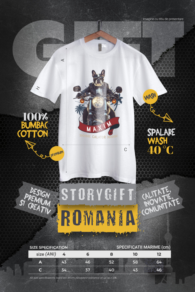 Tricou Copii cu Animal Pe Motocicleta in Costum, Peronalizata cu Numele si Poza Animalului Tau cu imprimeu pe Fata, 100% Bumbac, Alb, 8 Ani [4]