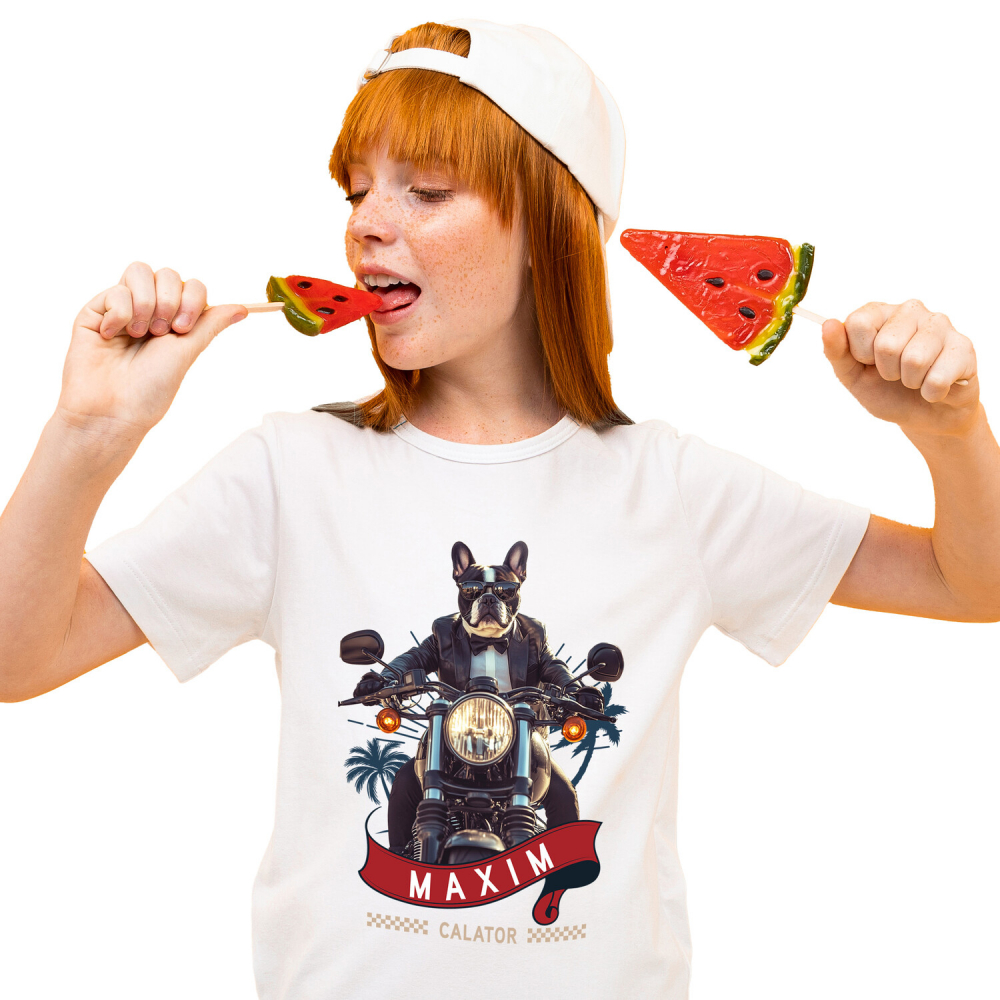 Tricou Copii cu Animal Pe Motocicleta in Costum, Peronalizata cu Numele si Poza Animalului Tau cu imprimeu pe Fata, 100% Bumbac, Alb, 8 Ani [2]