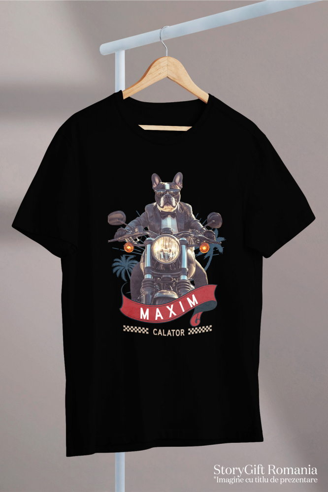 Tricou Copii cu Animal Pe Motocicleta in Costum, Peronalizata cu Numele si Poza Animalului Tau cu imprimeu pe Fata, 100% Bumbac, Negru, 10 Ani [3]