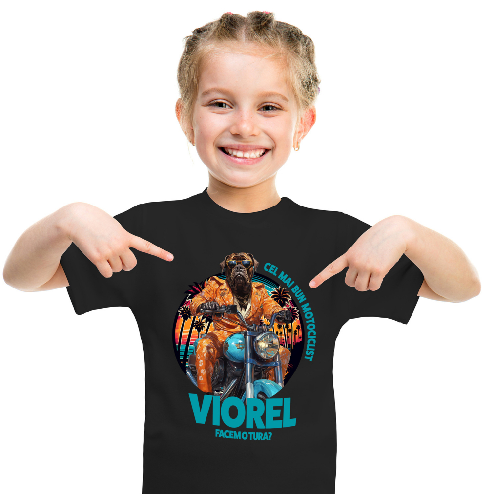 Tricou Copii cu Animal Pe Motocicleta, La Apus cu Palmieri, Peronalizata cu Numele si Poza Animalului Tau cu imprimeu pe Fata, 100% Bumbac, Negru, 10 Ani [1]