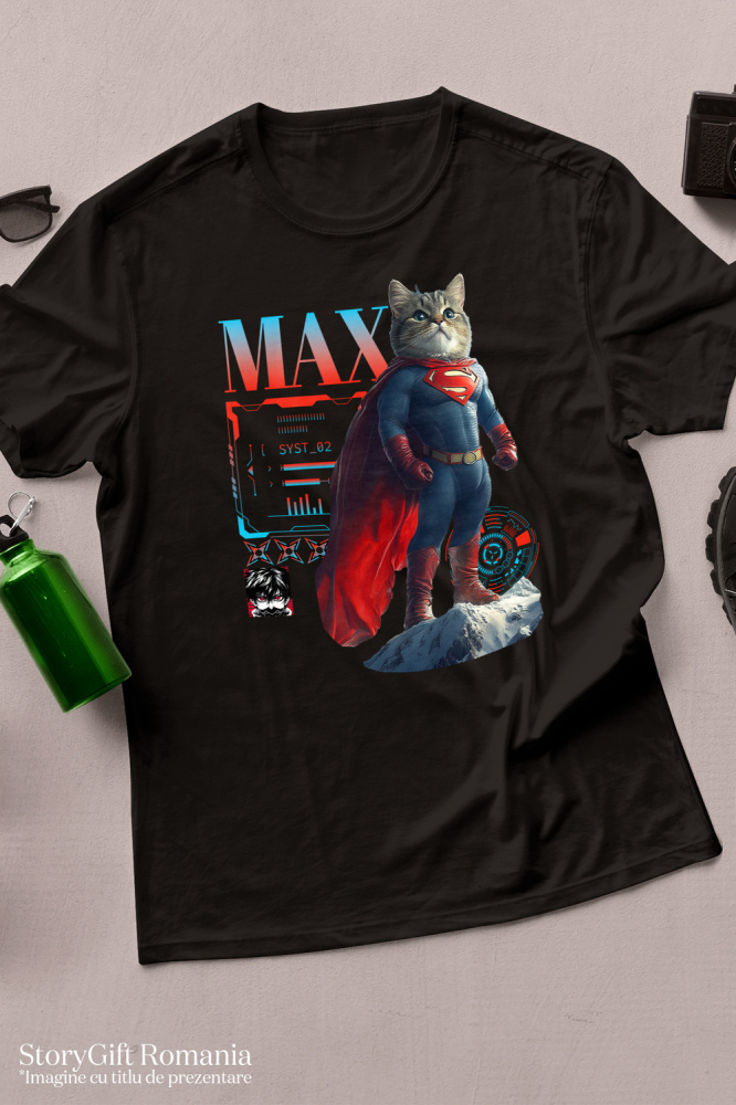 Tricou Copii cu Animal SuperMan in Varful Muntelui, Power Pose, Peronalizata cu Numele si Poza Animalului Tau cu imprimeu pe Fata, 100% Bumbac, Negru, 6 Ani [3]