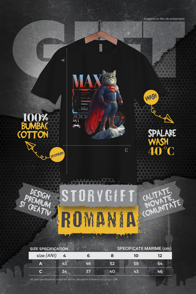 Tricou Copii cu Animal SuperMan in Varful Muntelui, Power Pose, Peronalizata cu Numele si Poza Animalului Tau cu imprimeu pe Fata, 100% Bumbac, Negru, 6 Ani [4]