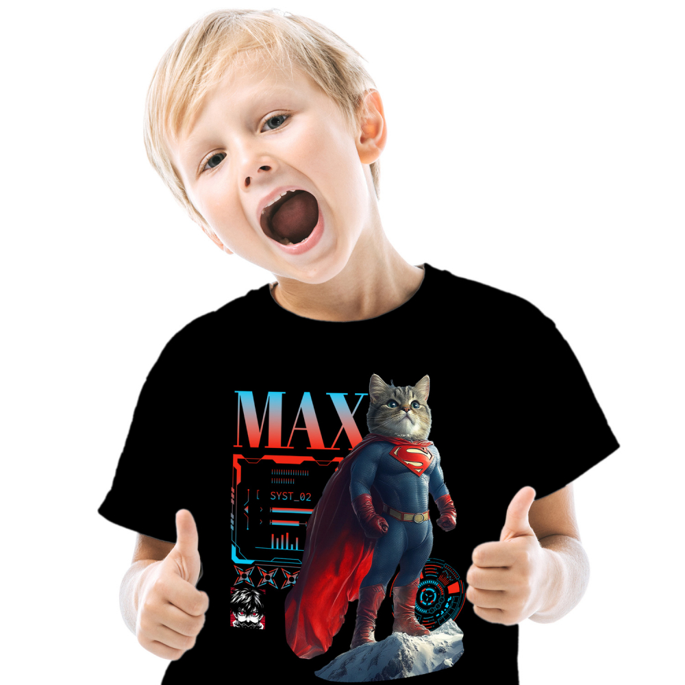 Tricou Copii cu Animal SuperMan in Varful Muntelui, Power Pose, Peronalizata cu Numele si Poza Animalului Tau cu imprimeu pe Fata, 100% Bumbac, Negru, 6 Ani [2]