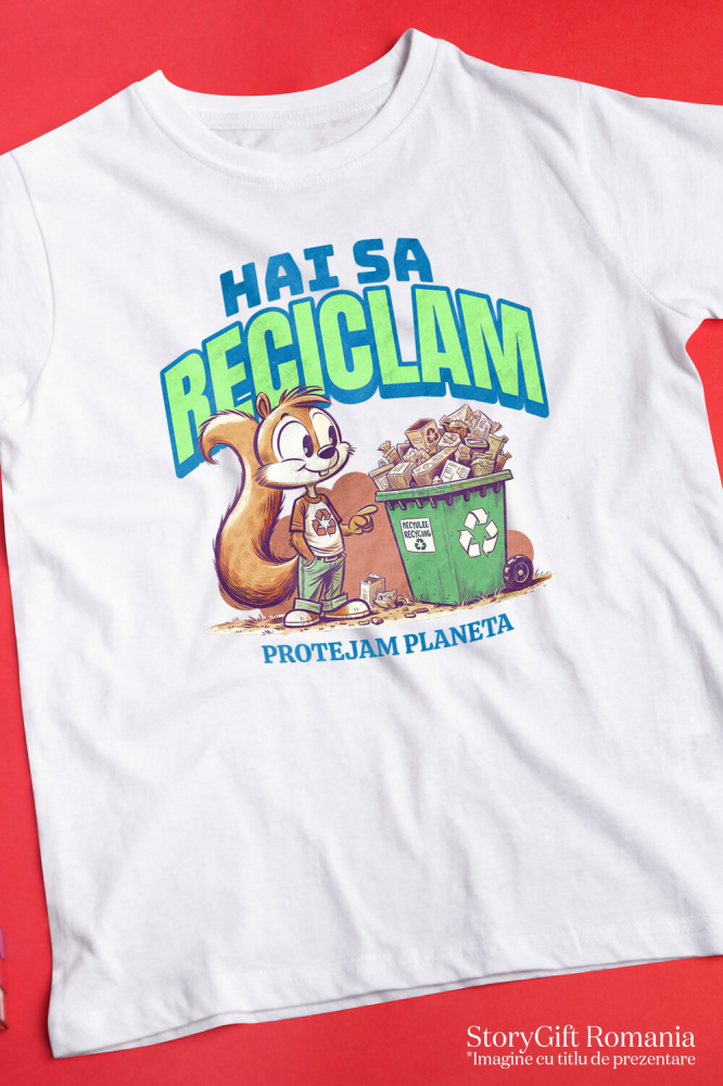 Tricou Femei, Barbati, Copii, Fata, Baiat, Unisex Personalizat Veveriță Tomberan cu Deseu Reciclat – Cadou Personalizat pentru Educație Ecologică [3]